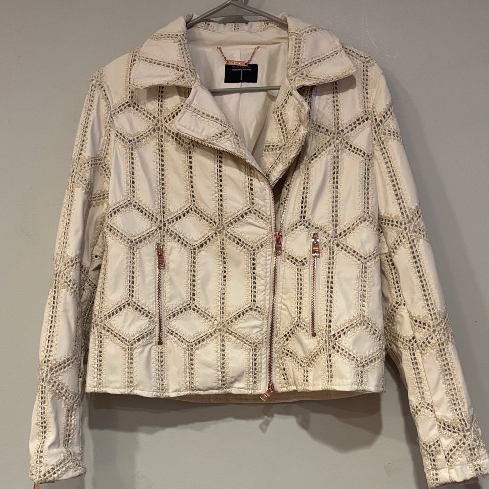 Tahari Cream faux Leather Jacket with Geometric Design